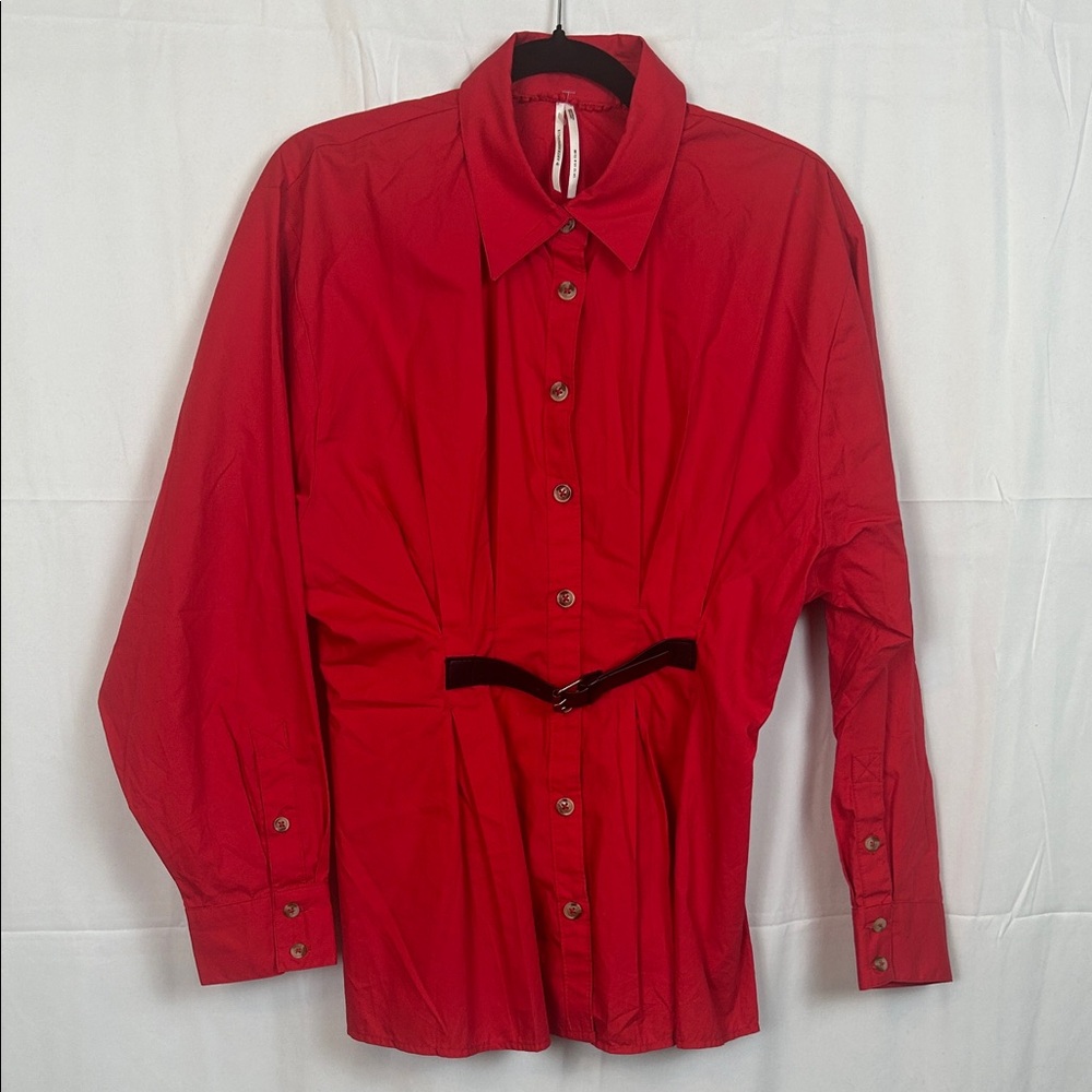 Anthropologie Vibrant Red Belted Button Down Shirt